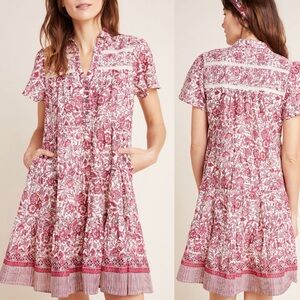 Anthropologie Somerset Georgina Tieres Floral Dress Size Small S Pink Red White